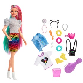 Bilde av Barbie Leopard rainbow hair Docka