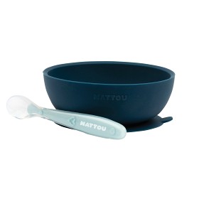 Bilde av Nattou Soft Silicone Bolle & Skje (Marineblå/Lyse blå)
